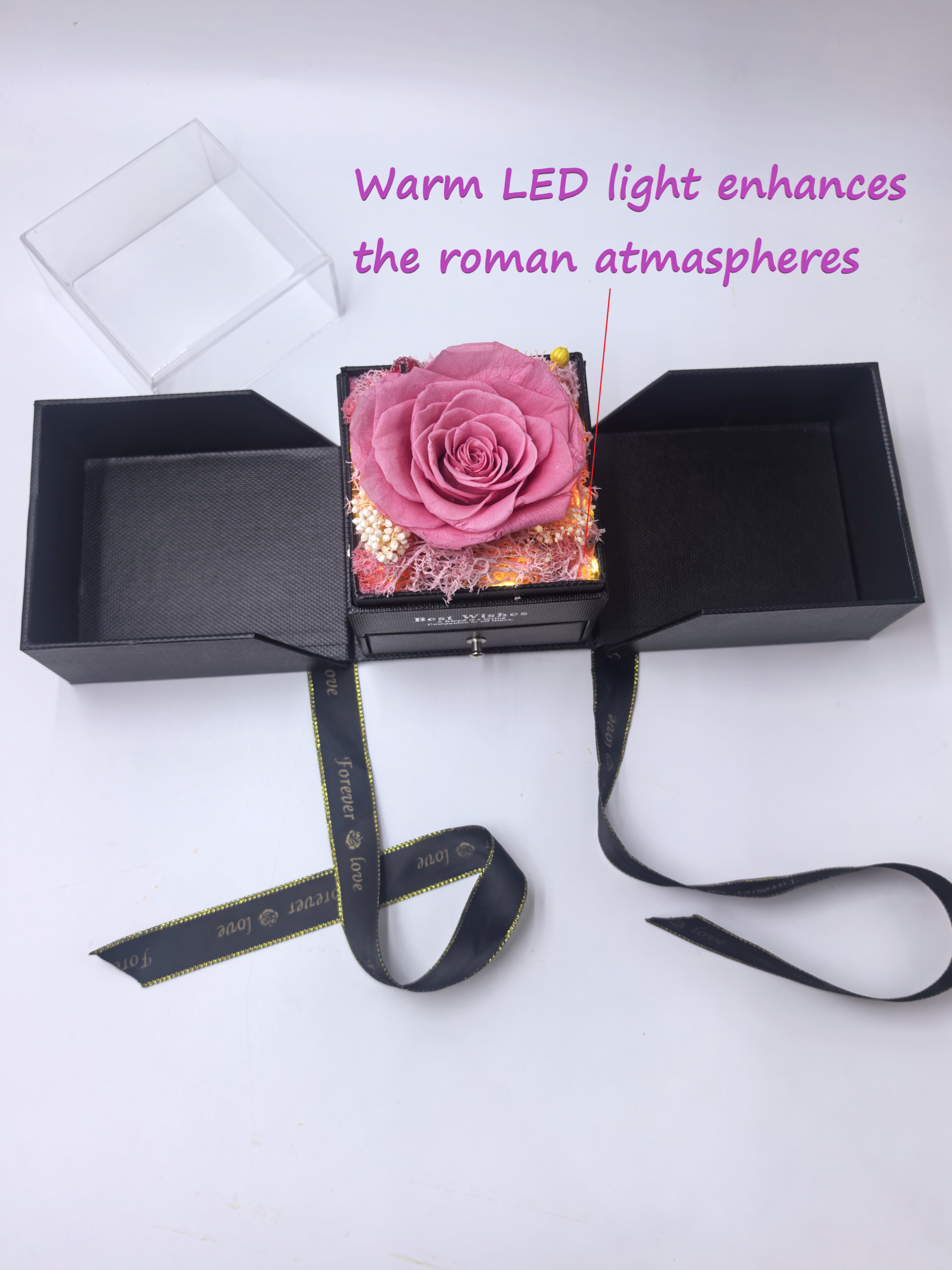 rose LED jewelry box with warm LED light