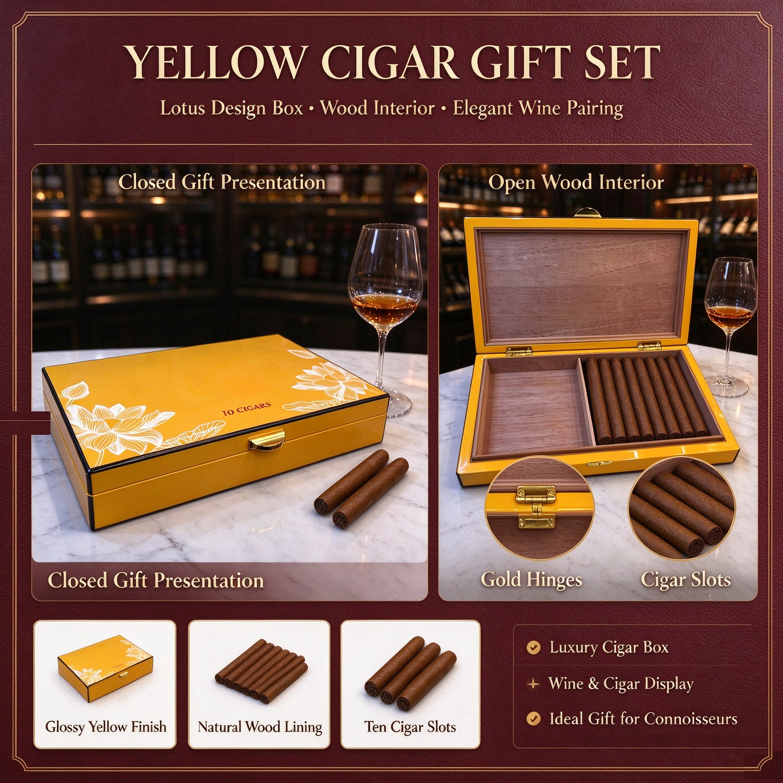 yellow custom wooden cigar box